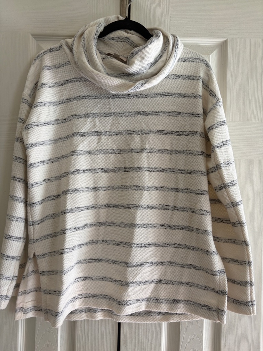 LOFT Cream and Gray Striped Cowl Neck Sweater